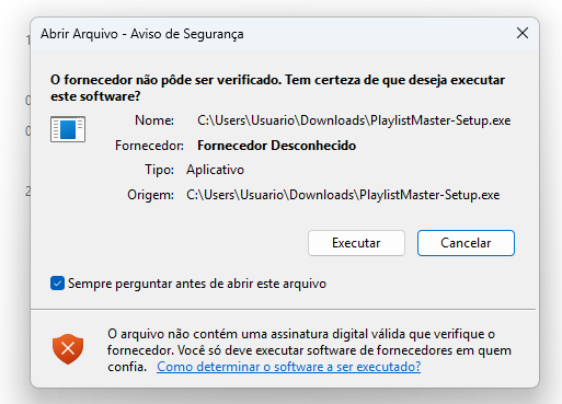 Aviso de Segurança do Windows : Clique em Executar